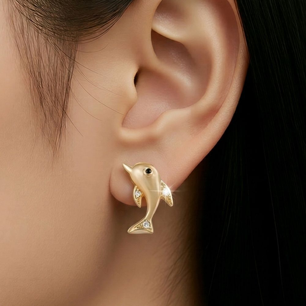 Dolphin Stud Earrings 14K Gold Plated CZ Sea World Nautical Ocean Marine Jewelry